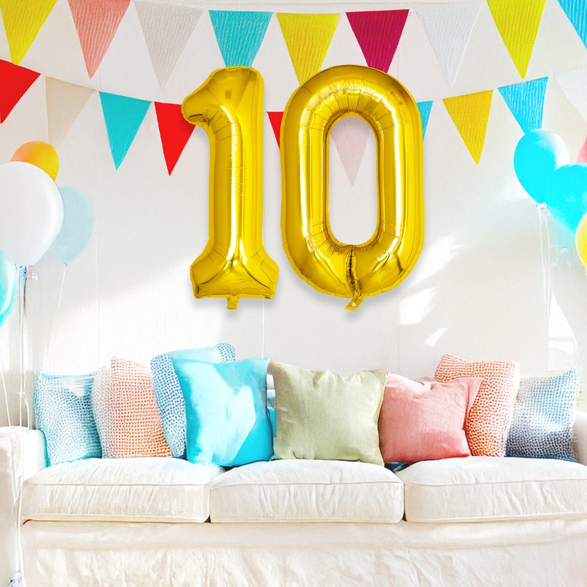Folie Ballon Cijfer 10 Jaar Goud Verjaardag Versiering Helium Cijfer Ballonnen Feest versiering Met Rietje - 86Cm — afbeelding 4