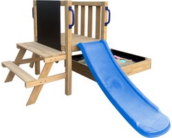 AXI Leah Mini Speeltoren met Zandbak en Picknicktafel – Blauwe Glijbaan – Met Krijtbord – FSC hout – Klein speeltoestel voor de tuin / buiten