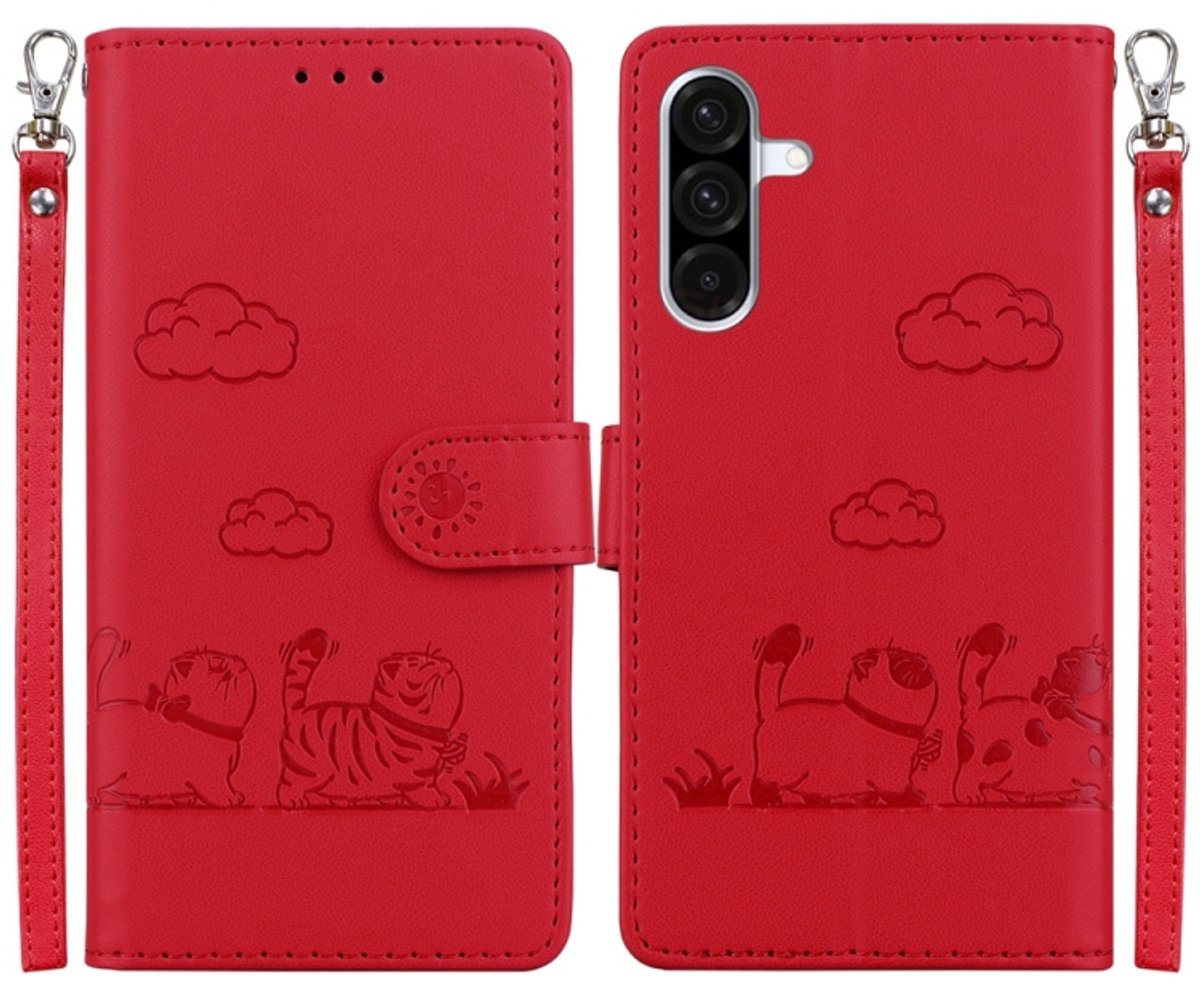 BookCover Hoes Etui geschikt voor Samsung Galaxy A56 - A36 - A37 - Cartoon Cats - Rood - Reliëf