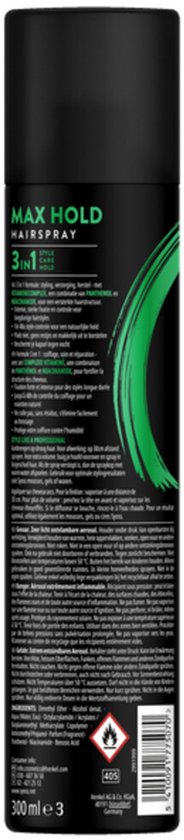 Achterkant van Syoss Max Hold haarspray bus. Met gebruiksaanwijzing en ingrediëntenlijst. Tekst: 300 mle 3.