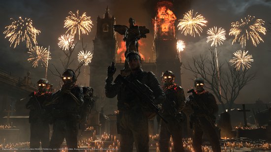 Een groep soldaten met gloeiende oogkassen staat voor een brandende kathedraal, met vuurwerk aan de nachtelijke hemel.