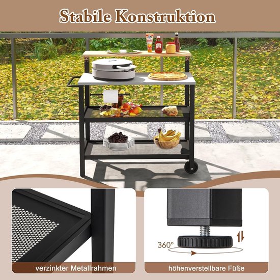 GIANTEX Serveerwagen, grillwagen, 4 etages, met opklapbare tafel, grilltafel, vuilniszakhouder, keukenwagen op wielen, grill, bijzettafel, met haken, outdoor, rolwagen, trolley met handvat