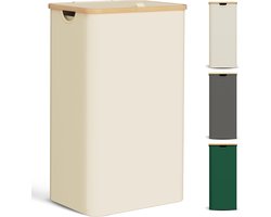 Candala Wasmand met deksel, 85 liter, wasverzamelaar, smal, met waszak, grote opvouwbare wasmand, hout, bamboe, wasmand, hoge wasmand, beige