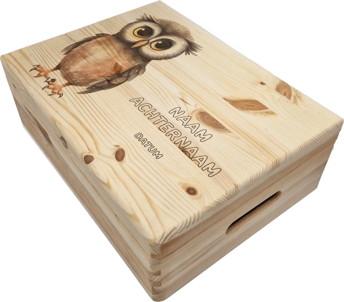 Goedkoopste HoutenFrits - Memorybox - Geboortekist - met uil - Personaliseerbaar met Baby Naam
