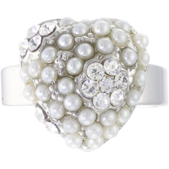 Behave - Ring - Ring ajustable en forme de cœur - Argentée avec des accents de perles et des cristaux transparents - Intemporelle et Elegant