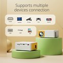 Twee projectors, één wit en één wit met gele accenten, staan op groene verhogingen. Iconen tonen apparaatcompatibiliteit.
