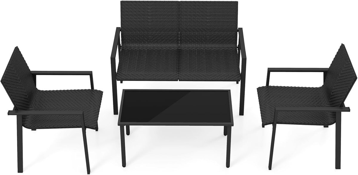 COSTWAY Polyrotan tuinmeubelset, 4-delig, terrasmeubels, zitgroep, zitgroep voor 4 personen, tuinmeubelen incl. 2 stoelen, bank & tafel, voor tuin, terras, zwembad (zwart)