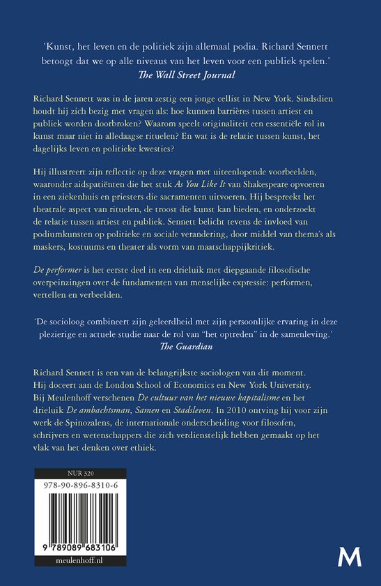 Achterkant boek 'De performer'. Bevat citaten van The Wall Street Journal en The Guardian. Met ISBN en Meulenhoff logo.