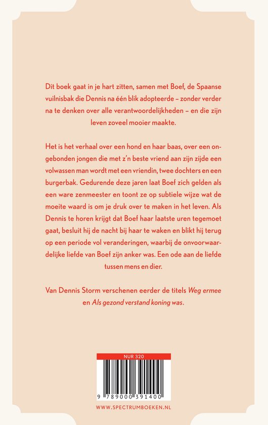 Boek "Boef" van Dennis Storm, over een hond en zijn baas. Rode tekst op een crèmekleurige achtergrond met een gestileerde hondenkop.
