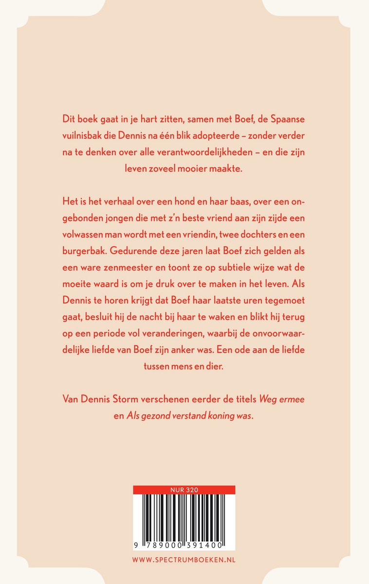 Boek "Boef" van Dennis Storm, over een hond en zijn baas. Rode tekst op een crèmekleurige achtergrond met een gestileerde hondenkop.