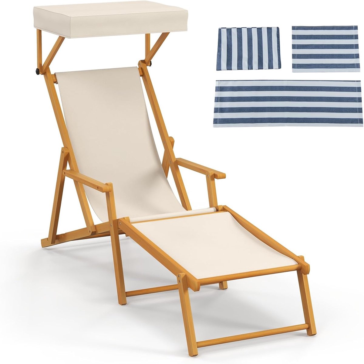 COSTWAY Zonneligstoel met dak, inklapbare ligstoel met verstelbare rugleuning, houten ligstoel, terrasstoel, strandstoel met reserveonderdelen voor tuin, strand, zwembad