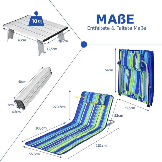 COSTWAY Set van 2 strandmatten met bijzettafel, hoofdkussen en opbergvak, ligmat met verstelbare rugleuning, opvouwbare zonmat, licht, draagbaar, strandstoel voor het strand (groen) van Costway — afbeelding 3