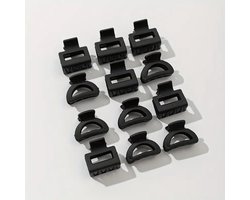 Vavida - Set 12 Zwarte Haarklemmen - Halfrond En Vierkant - 1,5 cm tot 2,5 cm - Anti-Slip Coating