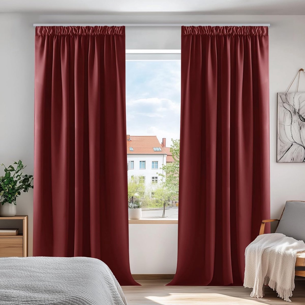 Famanu - Verduisteringsgordijnen Plooiband, Ondoorzichtige Gordijnen Luxe met Black Stof voor Woonkamer, Kerst, 132x160 cm (B x H), Donkerrood, 2 stuks