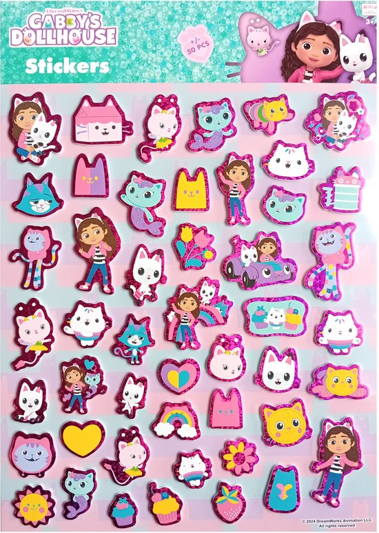 Stickervel met 50 holografische Gabby's Dollhouse schuimstickers van Gabby, Pandy Paws en andere kattenfiguren.