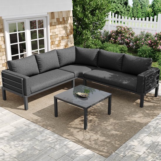 Salon de jardin 4-5 personnes avec structure en fer galvanisé, coussins gris, table basse en verre, pieds réglables