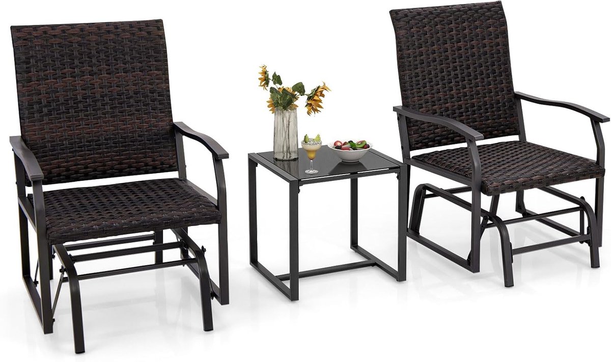COSTWAY 3-delige balkonmeubelset, rotan balkonset met 2 stoelen en tafel, tuinmeubelen met gevoerde zitting, rotan meubels voor klein balkon, terrasmeubels, zitgroep voor tuin, veranda