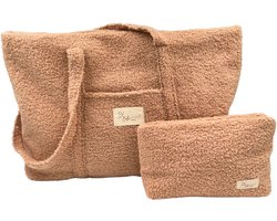 Bella Sofia® Dames Schoudertas - Beige Teddy Stof Mom Bag met Toilettas - Veelzijdige Shopper en Luiertas met Rits