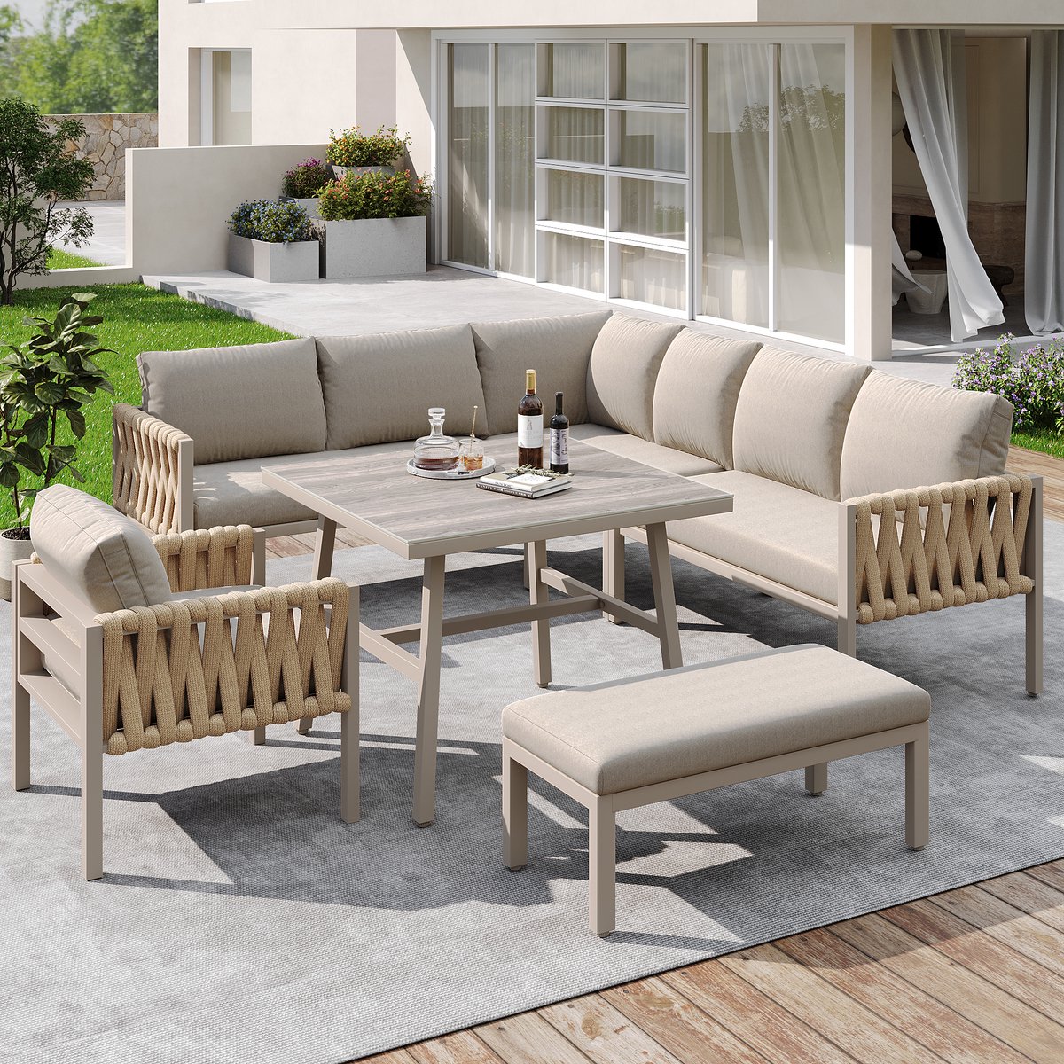 Tuinset met verzinkt ijzeren frame, beige touw loungeset, verstelbare poten, glazen tafelblad, inclusief kussens