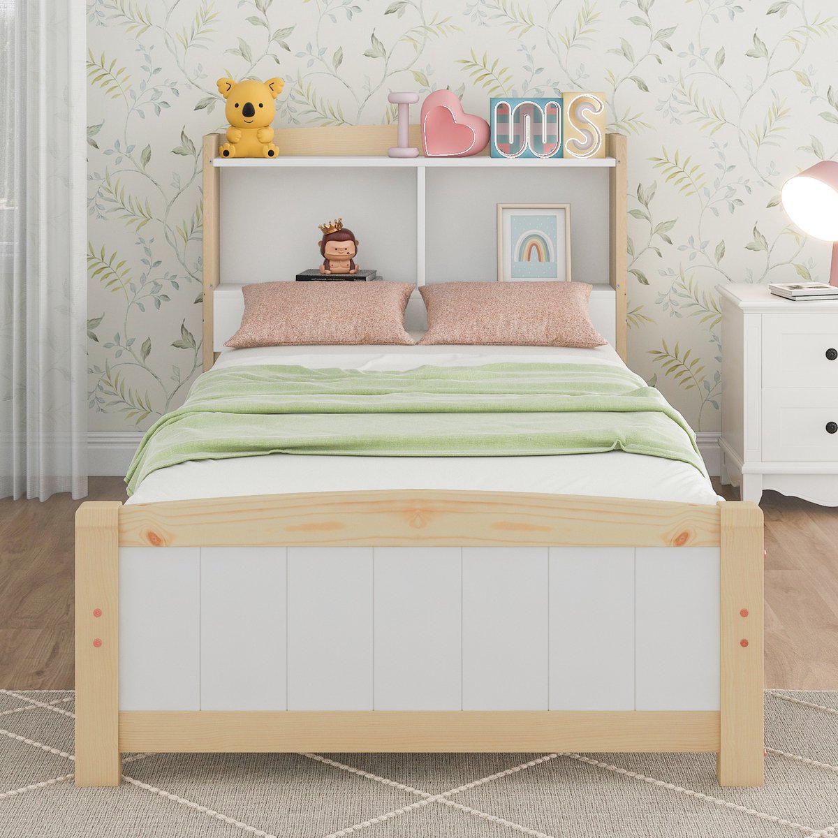 Merax Massief Houten Eenpersoonsbed met Opberg Hoofdeinde, 90x200 cm Bedframe met Lattenbodem, Houten Bed met Hoofdeinde, Kinderbed Tienerbed Grenen Massief Natuur & Wit (Zonder Matras en Lades)