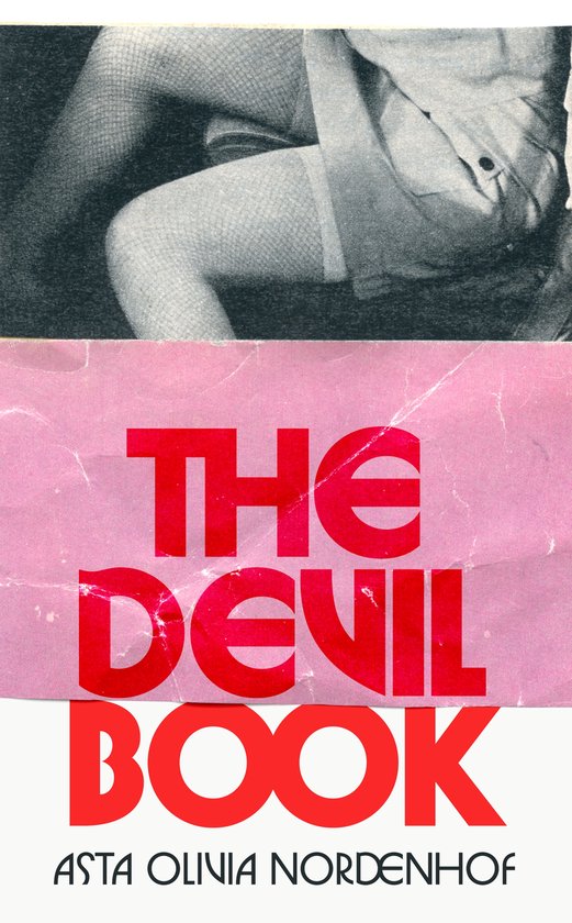 Tekst 'THE DEVIL BOOK' in rode letters, met daarboven een deel van een persoon in netkousen en korte broek.