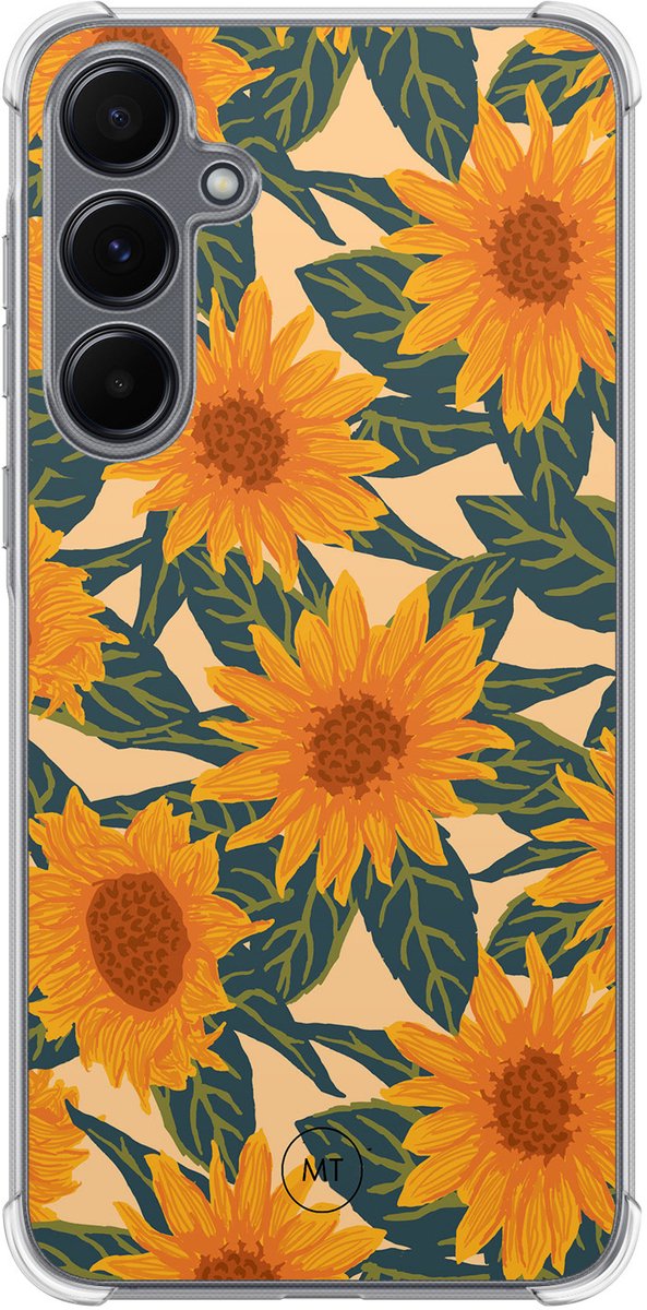 Hoesje (shockproof) geschikt voor Samsung Galaxy A55 - Zonnebloemen - Extra sterke case - TPU/polycarbonaat - Bloemen - Oranje, Transparant