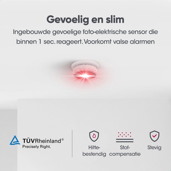 Witte rook- en koolmonoxidemelder met rood oplichtend signaal, TÜV Rheinland logo, en pictogrammen voor hittebestendig, stofcompensatie en stevig.