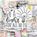 Een ronde sticker met een gloeilamp en de tekst 'Be a light for all to see Matthew 5:16'.