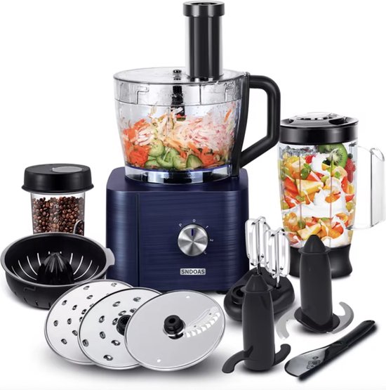 J&R Keukenmachine - Alles in 1 keukenmachine - Multifunctionele keukenmachine - Blender - Vleesmolen - Garde - Kneder - Shredder - Sinaasappelpers - Hakselaar - Blender - 1100W - Blauw