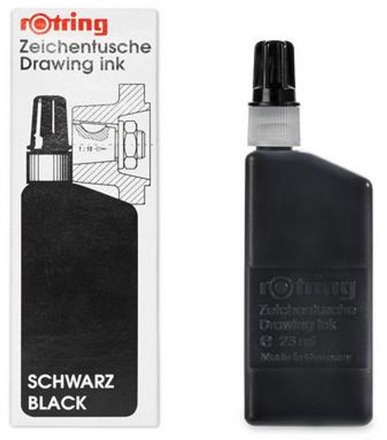 Zwarte Rotring tekeninkt, Art. 591 017, 23 ml, flesje en doosje naast elkaar.