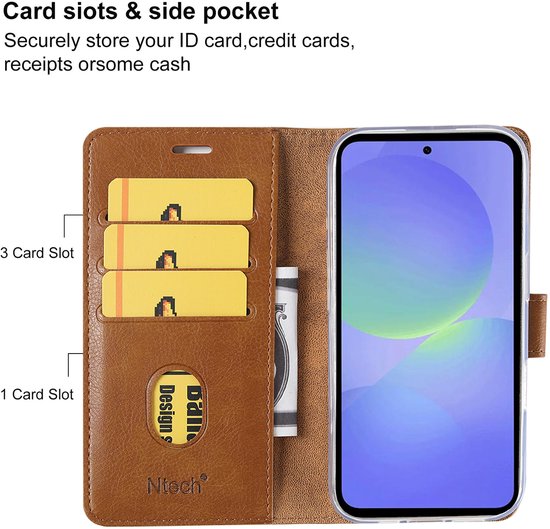 Portefeuille marron de type bookcase avec 4 emplacements pour cartes et une poche pour l'argent, téléphone avec écran.