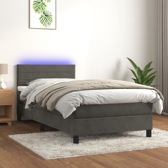 vidaXL Lit - Sommier tapissier de Luxe avec LED - 203x90x78/88 cm - Gris foncé - Tissu velours - Lit