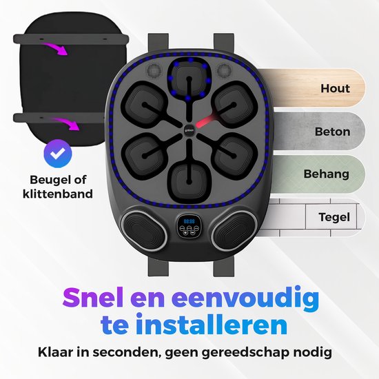 Gatson Pro Boksmachine met 8 raakvlakken, met illustraties voor installatie op hout, beton, behang en tegels.