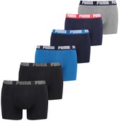 Zes Puma boxershorts in zwart, blauw, grijs, met gekleurde PUMA banden: rood, blauw, geel.