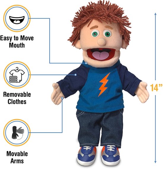 Handpop Tommie van 35 cm, met bruin haar, blauw shirt met bliksemschicht, spijkerbroek en sneakers. Met duidelijke uitleg over mond, kleding en armen.