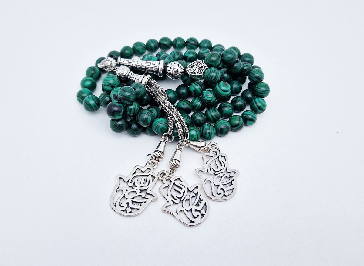 Handgemaakte tesbih "Tasbih" natuursteen "Malachiet" - Aantal kralen 99 - Diameter kralen 8MM - met metaal tassel "Maryams handpalm" - Een mooi cadeau-idee