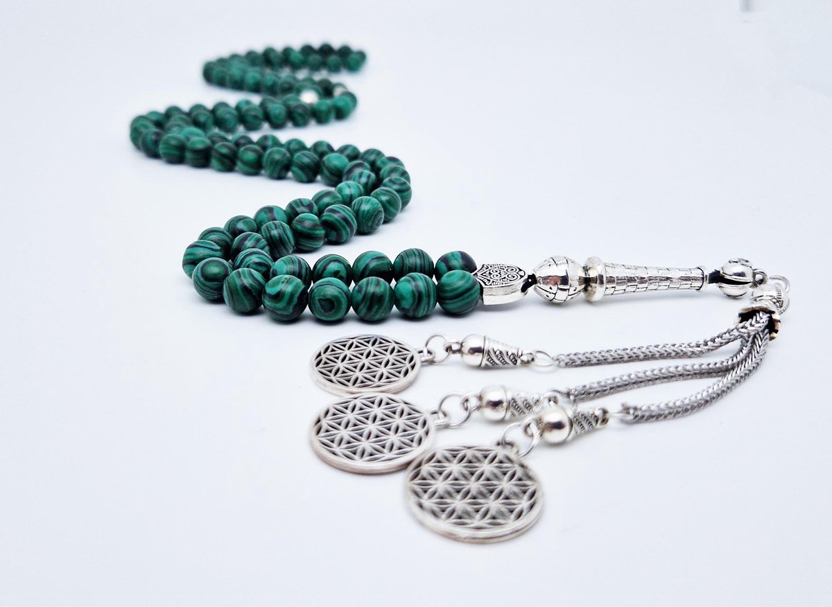 Handgemaakte tesbih "Tasbih" natuursteen "Malachiet" - Aantal kralen 99 - Diameter kralen 8MM - met metaal tassel "Harmonie" - Een mooi cadeau-idee