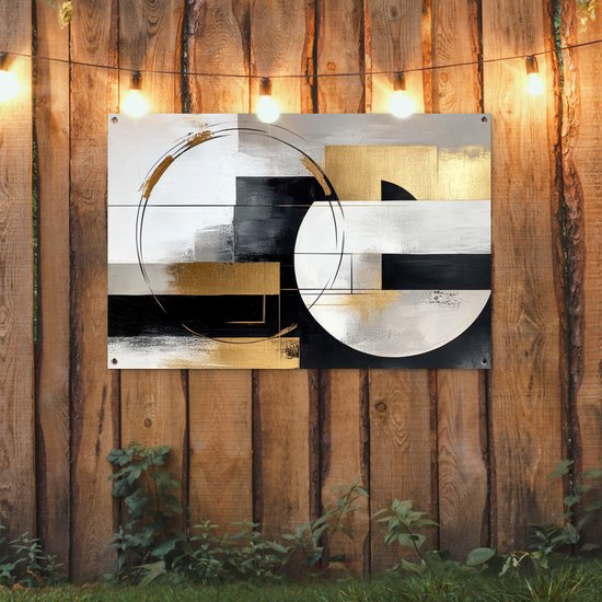 Tuinposter 120x80 cm - Tuindecoratie Abstract - Goud - Zilver - Vormen - Aesthetic - Poster voor in de tuin - Buiten decoratie - Schutting tuinschilderij - Tuindoek muurdecoratie - Wanddecoratie balkondoek