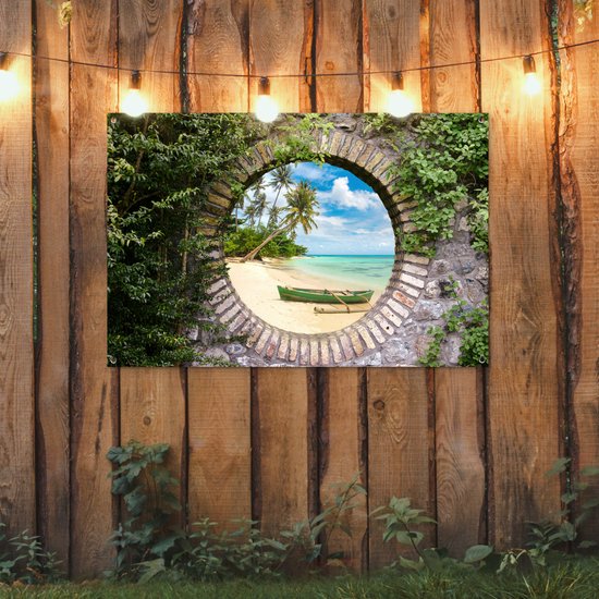 Jardin - Palmier - Vue - Pierre - Canoë - Toile de clôture - 120x80 cm - Affiche de jardin - Toile de jardin