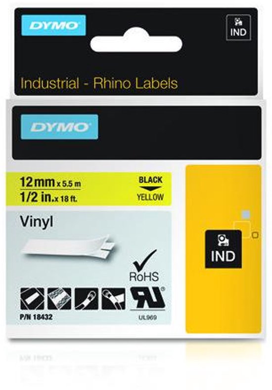 DYMO verpakking met Rhino labels, 12mm x 5.5m, zwarte opdruk op geel.