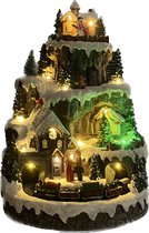 Kersthuisjebestellen - Kersthuisje met verlichting - Bergdorp met draaiende trein en kerstboom - H=34 cm - Led - Muziek - Adapter - Kersthuisjes & Kerstdorpen