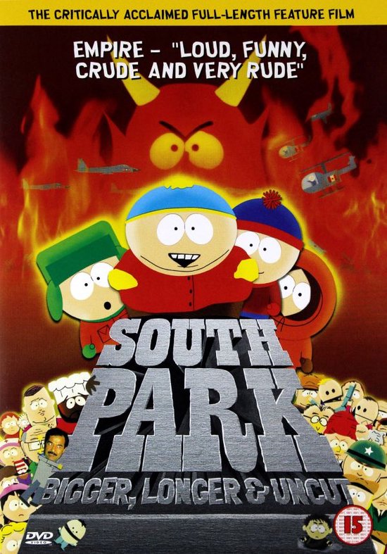 South Park: Bigger, Longer & Uncut DVD-hoes met Stan, Kyle, Cartman en Kenny voor een demonische figuur met vliegtuigen en helikopters.