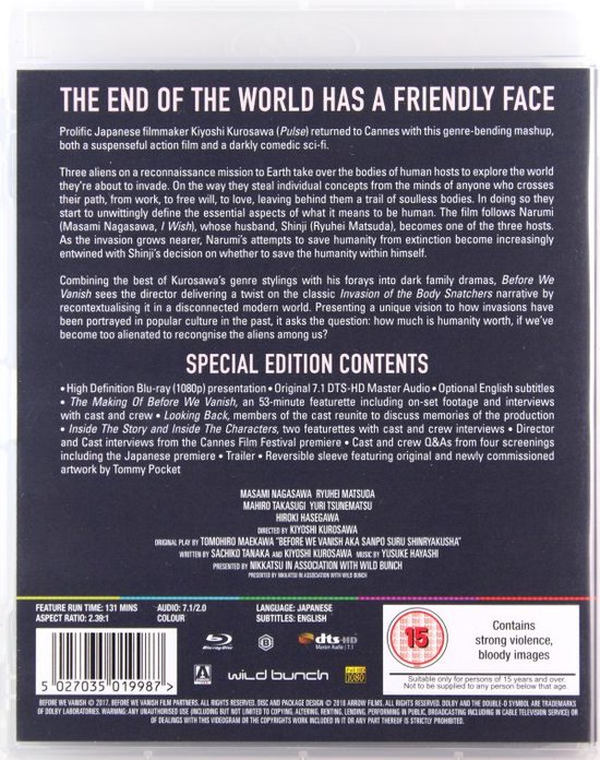 Achterkant van de Blu-ray: "Before We Vanish" met filminformatie, speciale inhoud en beoordelingen.