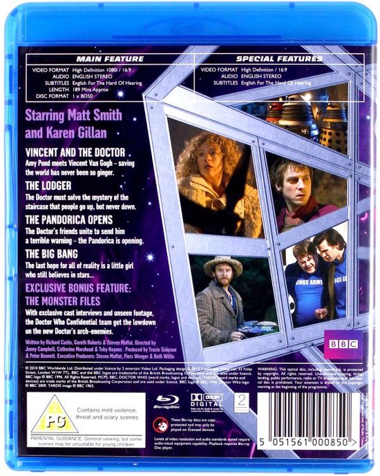 Achterkant van de Doctor Who Serie 5, Volume 4 Blu-ray verpakking met details over de afleveringen en speciale extra's.