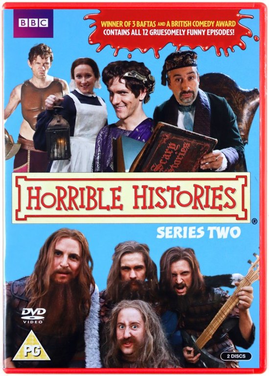 DVD hoes van Horrible Histories Serie Twee met acteurs in kostuums, waaronder een Romeinse soldaat, een Victoriaanse verpleegster en een man in een paars gewaad.