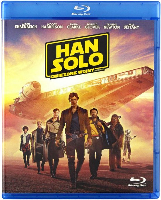 Voorkant van de blu-ray hoes van Solo: A Star Wars Story met de belangrijkste personages voor het Millennium Falcon schip.