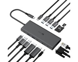 Uniean 14 in 1 USB-C HUB - Laptop Docking Station - USB Splitter - 2x HDMI 4K, VGA, ETHERNET RJ45, USB-C PD100W, 3x USB-A 3.0, USB-C DATA, 2x USB-A 2.0, TF/SD, AUX