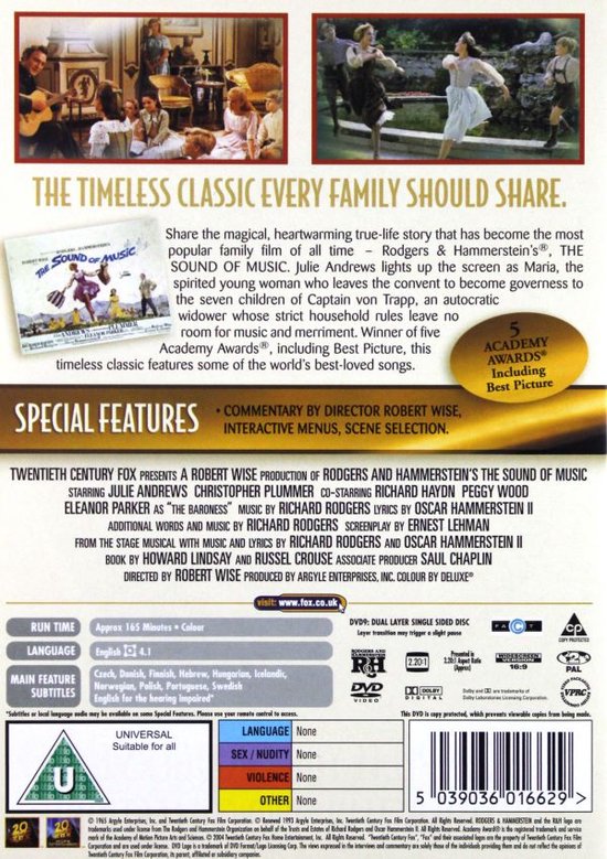 Achterkant DVD-hoes van The Sound of Music met filmbeschrijving, acteurs en speciale functies.