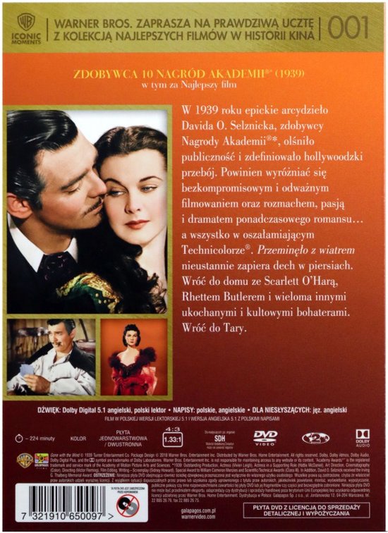 De achterkant van een dvd-hoes met twee hoofdrolspelers en scènes uit de film. Titel: "Gejaagd door de wind".