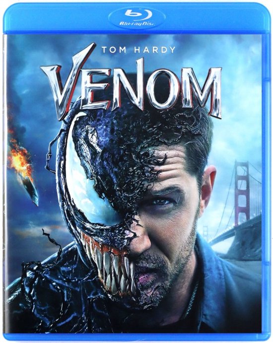 Couverture Blu-ray avec Tom Hardy, la moitié de son visage est Venom, avec un pont en arrière-plan.